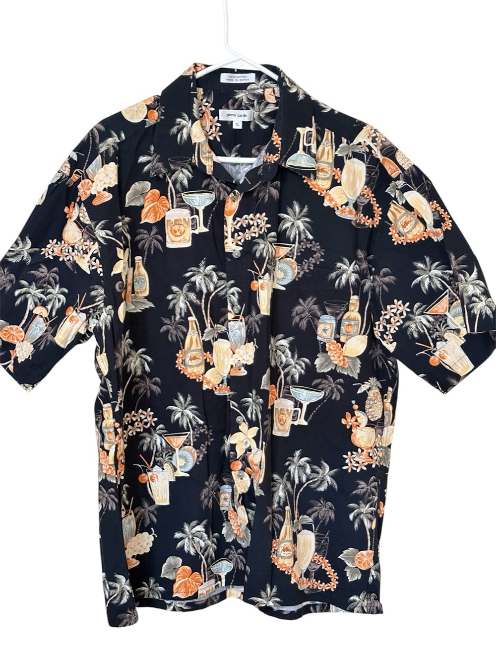 Pierre Cardin Men’s Hawaiian Shirt XL Black Tiki Cocktail Tropical Print
